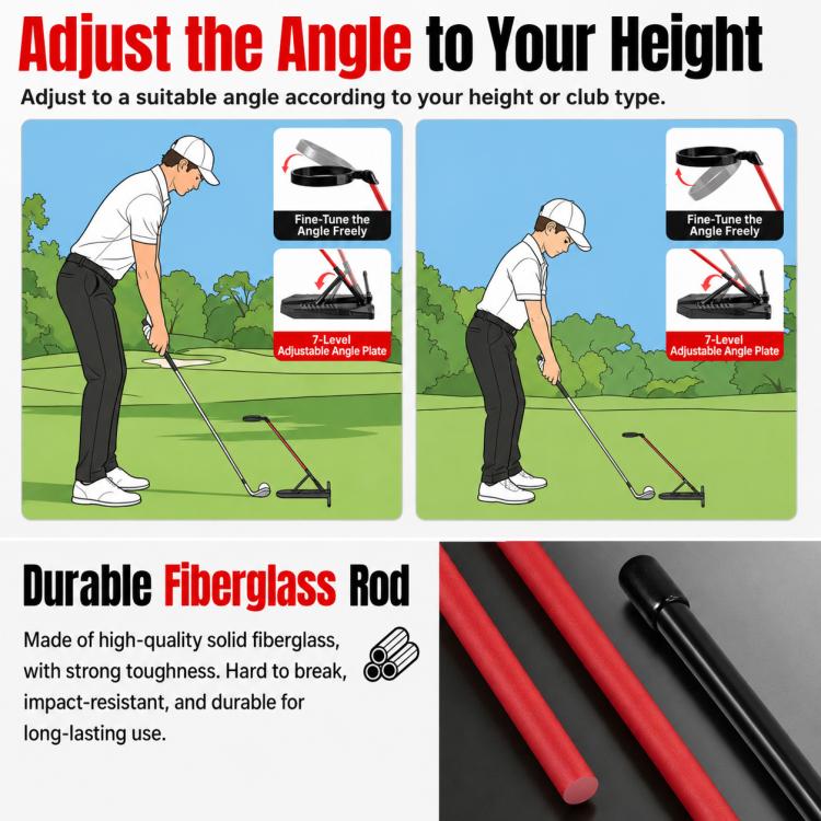 Golf head stabilizer ring trainer with adjustable red fiberglass rod and black stand base