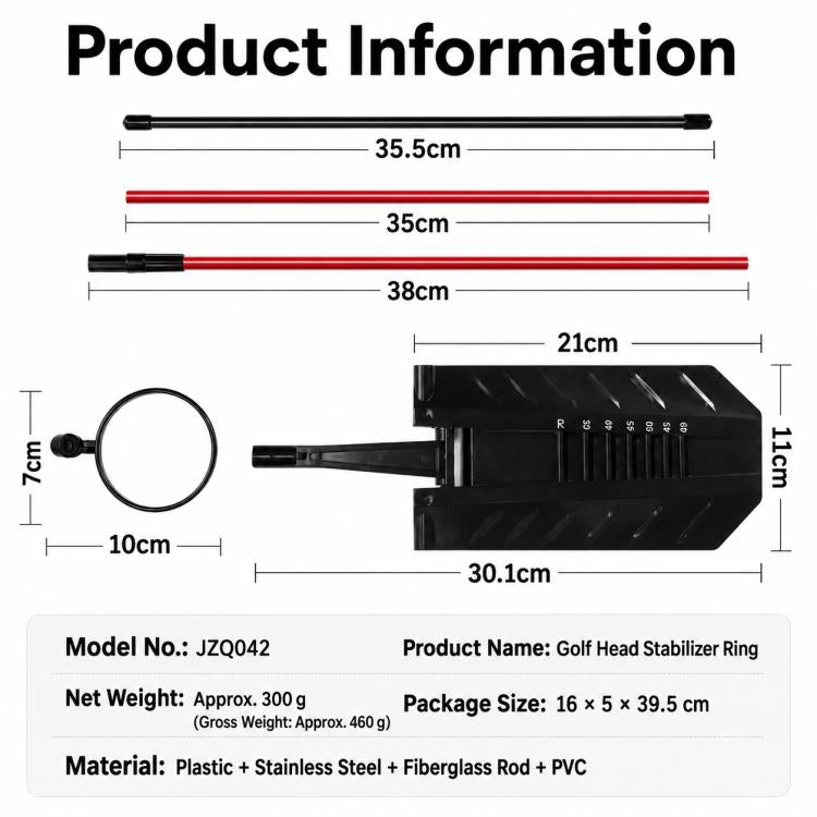 Golf head stabilizer ring product dimensions with black base, red rods, and ring loop