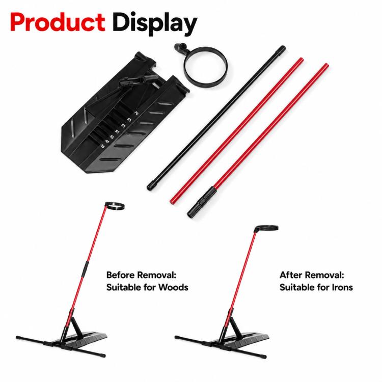 Golf head stabilizer ring trainer parts set with black base, red rods, and circular ring