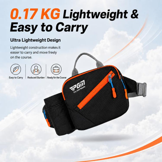 Black golf waist organizer bag with orange accent zipper and adjustable belt strap