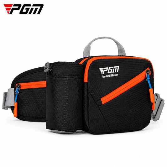 Black golf waist organizer bag with orange trim and side clip pouch