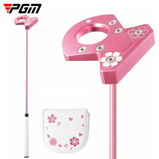 Pink golf putter with floral head cover and matching pink shaft