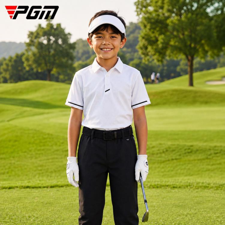 PGM boys short-sleeve golf polo shirt, white with dark-trim collar