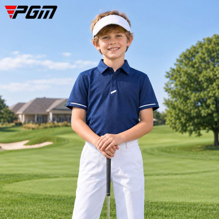 PGM boys short-sleeve golf polo shirt, navy blue polo with contrast trim