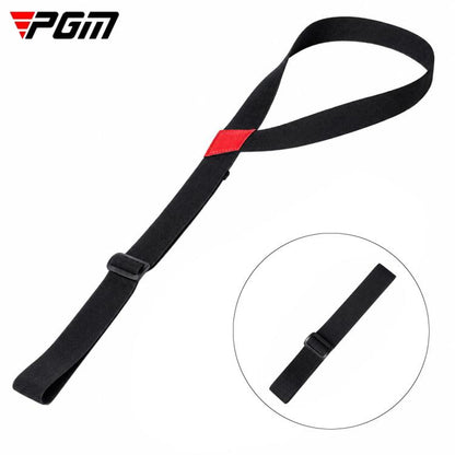 Golf swing transition strap, black elastic strap with red accent label.