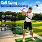 Golf swing rotation connection strap worn across chest and waist, black with red strip.