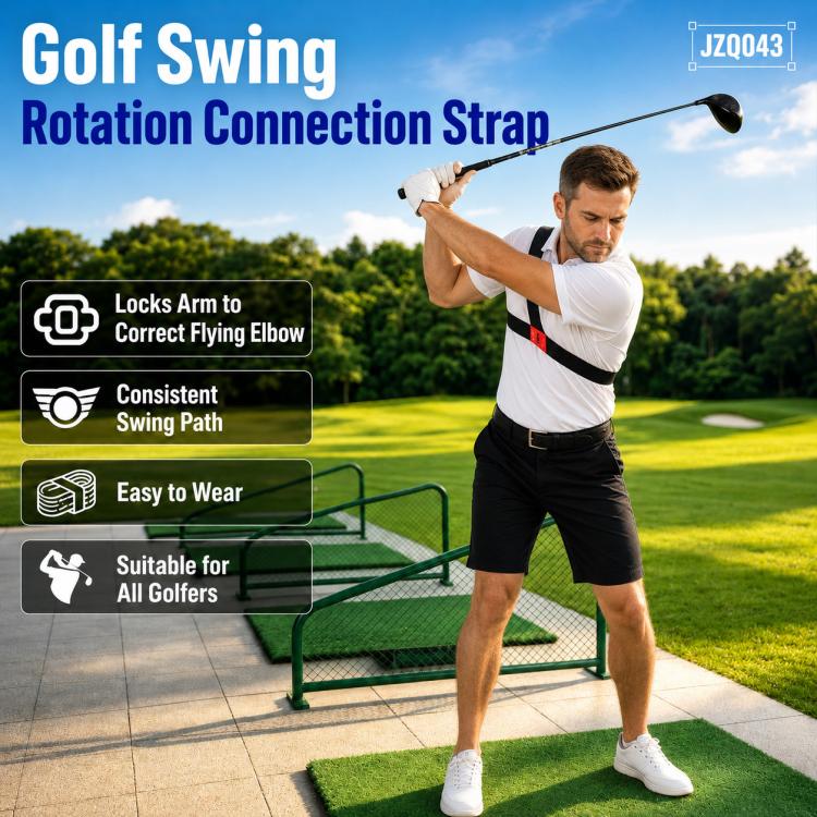 Golf swing rotation connection strap worn across chest and waist, black with red strip.