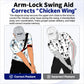 Golf swing arm-lock strap shown across torso, black elastic with red patch.