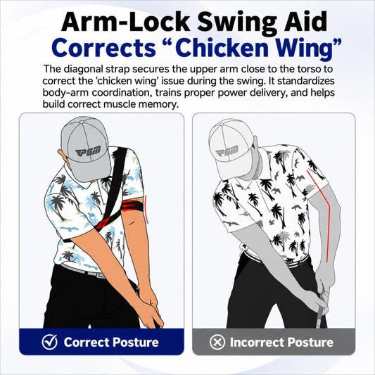 Golf swing arm-lock strap shown across torso, black elastic with red patch.