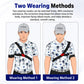 Golf swing strap worn two ways, black elastic with red accent and adjustable length.