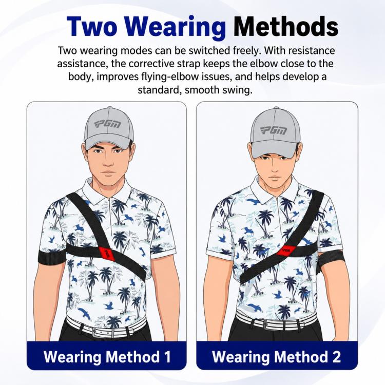 Golf swing strap worn two ways, black elastic with red accent and adjustable length.