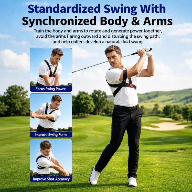 Golf swing aid strap worn on golfer, black elastic with red center panel.