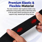 Black elastic swing strap with red logo marks, flexible textured material.