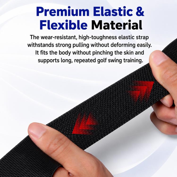 Black elastic swing strap with red logo marks, flexible textured material.