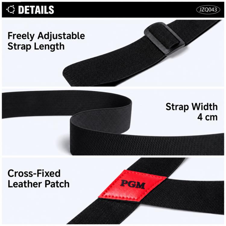 Adjustable black strap with buckle, 4 cm width, red PGM leather patch.