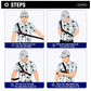 Golf swing strap on model in four-step guide, black elastic with red accent strip.