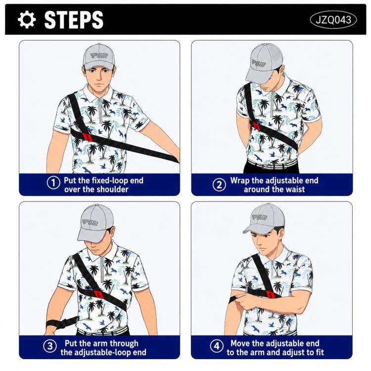 Golf swing strap on model in four-step guide, black elastic with red accent strip.