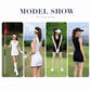 Women’s golf knit dress on model: sleeveless V-neck in white and black