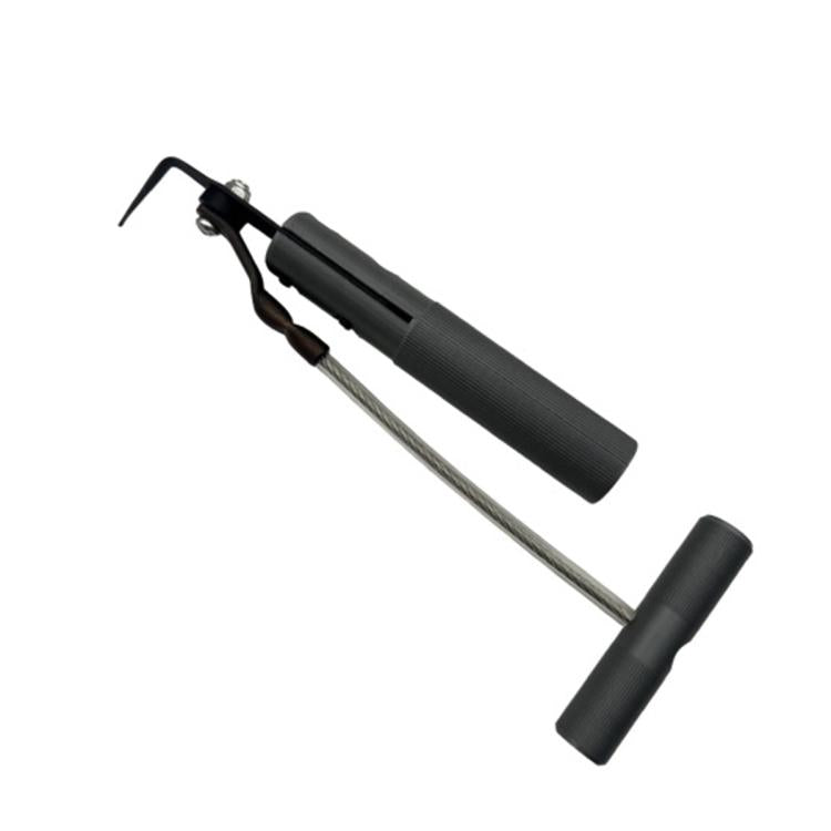 Auto glass removal tool: black T-handle with textured grip and long steel wire