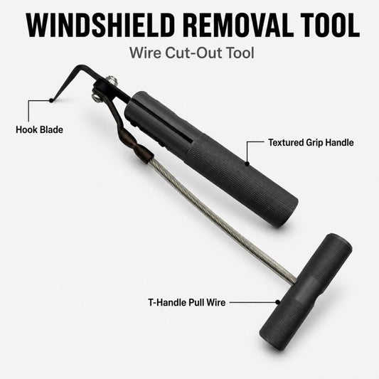 Windshield rubber cutting tool with hook blade, black grip handles, and steel wire strand