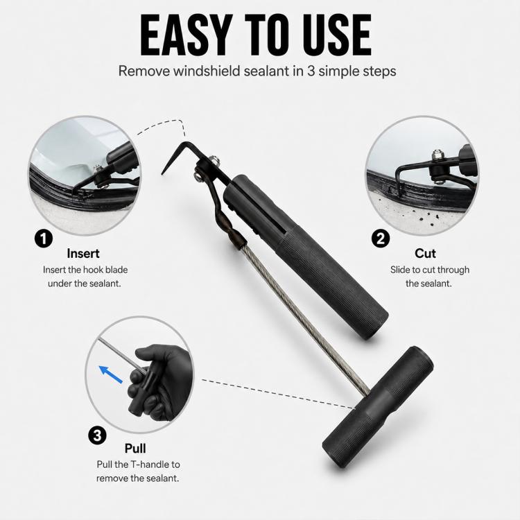 Windshield removal tool with black handles and long wire for cutting sealant