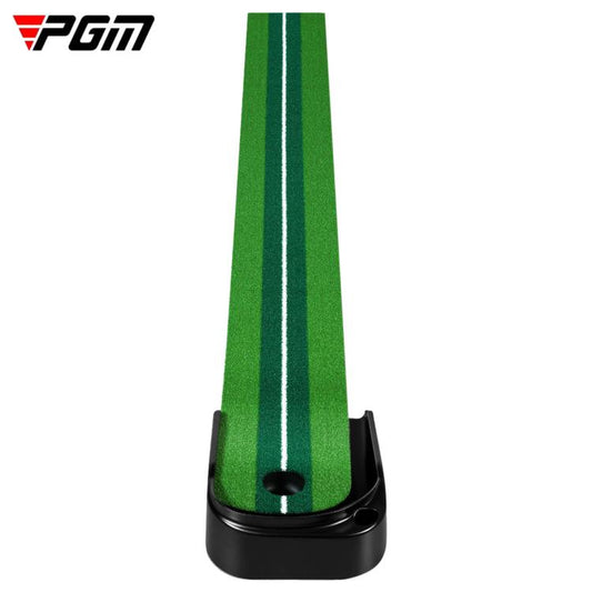 Green indoor golf putting practice mat with black base and center hole cup