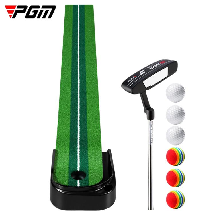 Green putting practice mat with black base, training putter and three practice balls
