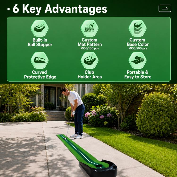 Green putting practice mat laid on ground with white alignment line and hole cup