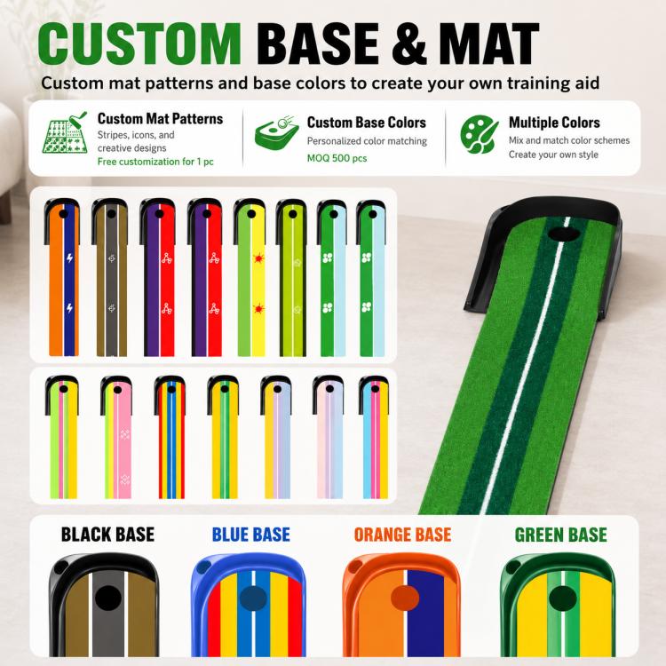 Green putting practice mat with black base and multi-color customization strip graphics