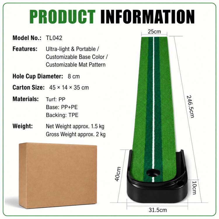 Green putting practice mat with black base and hole cup, shown with product box