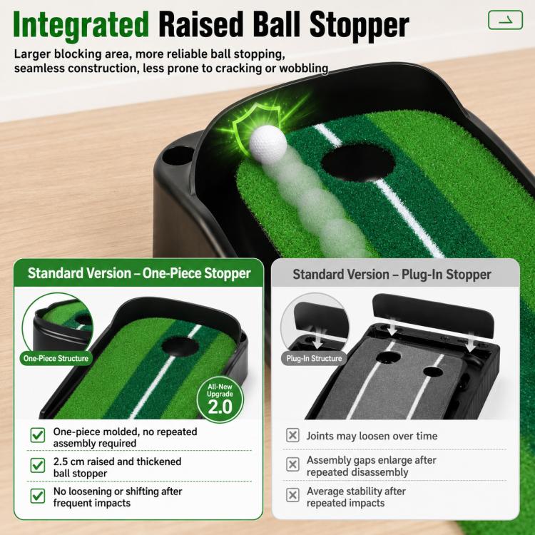 Green putting practice mat with black raised ball stopper around the center hole cup