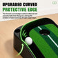 Green putting practice mat with curved protective edge and white alignment line