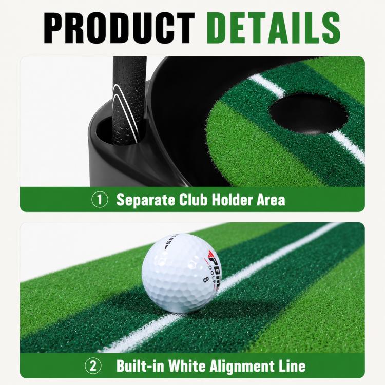 Green putting mat with white alignment line and white golf ball on turf