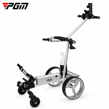 Dual-mode foldable electric golf push cart with large front swivel wheels and handle.