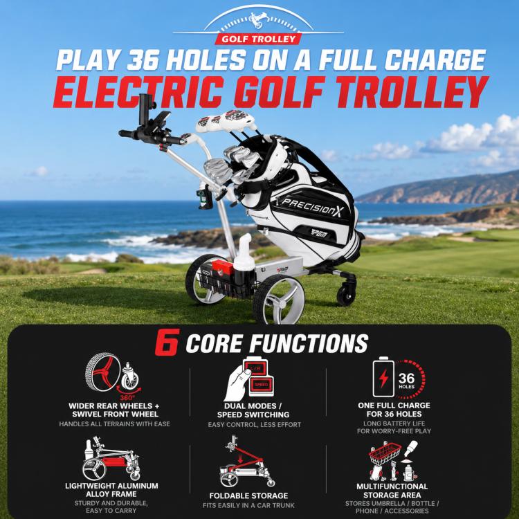 Electric golf push cart with dual driving controls and front swivel wheel.