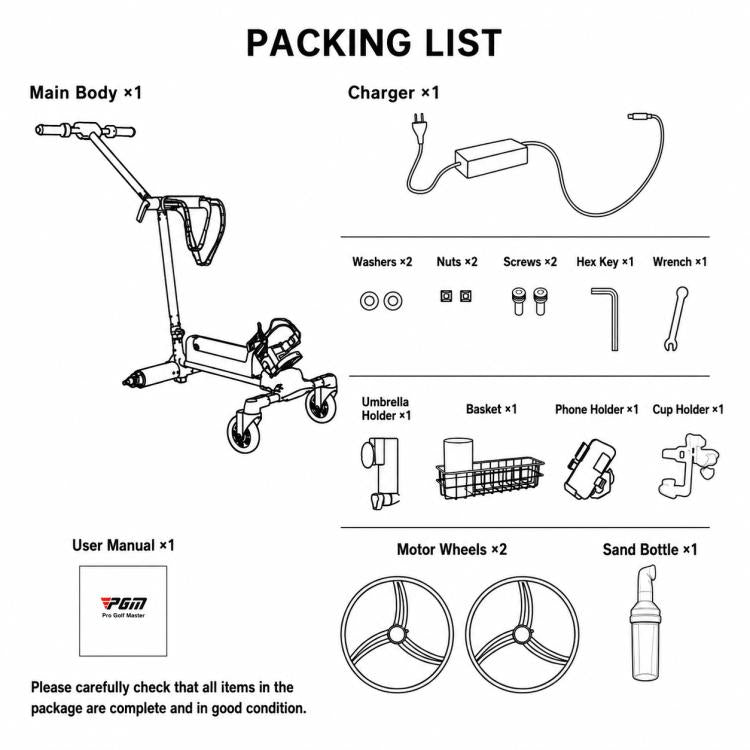 Foldable electric golf push cart packing list showing main body, charger, wheels, and accessories