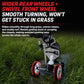 Electric golf push cart with swivel front wheel and rugged all-terrain tires.