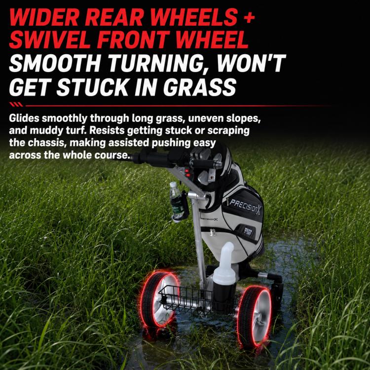 Electric golf push cart with swivel front wheel and rugged all-terrain tires.