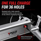 Electric golf push cart frame with removable battery compartment area on side rail.