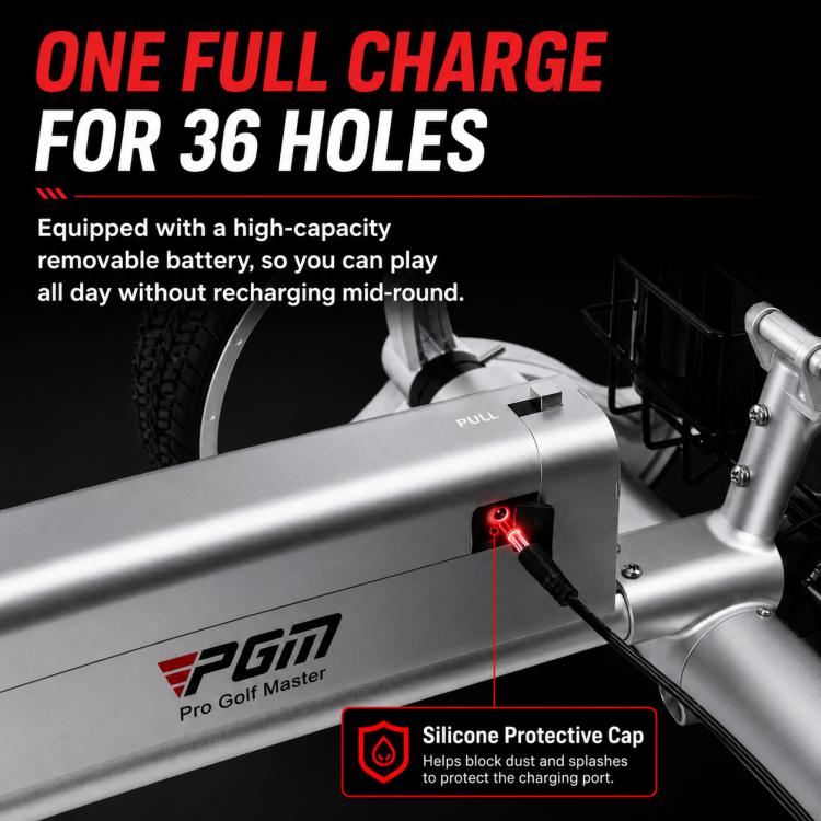 Electric golf push cart frame with removable battery compartment area on side rail.