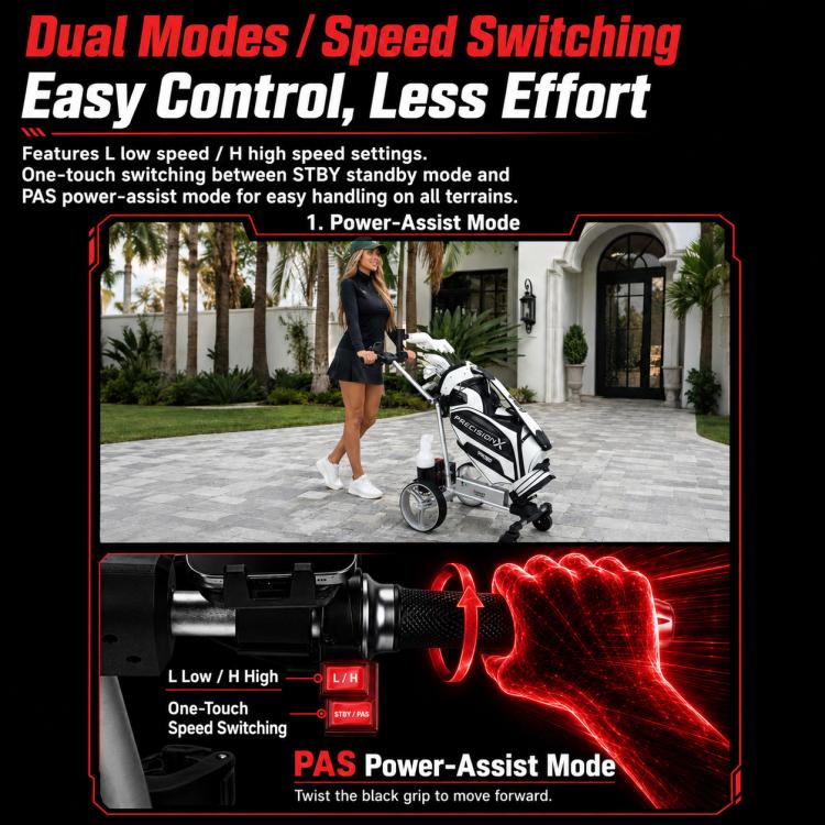 Electric golf push cart controls showing dual-speed switching handle and grip area.