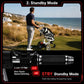 Electric golf push cart with standby mode controls on handle and front caster wheel.