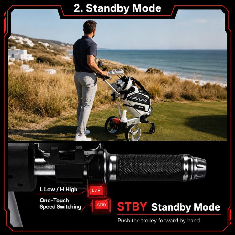 Electric golf push cart with standby mode controls on handle and front caster wheel.
