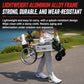 Lightweight electric golf push cart with aluminum frame and large rear wheels.