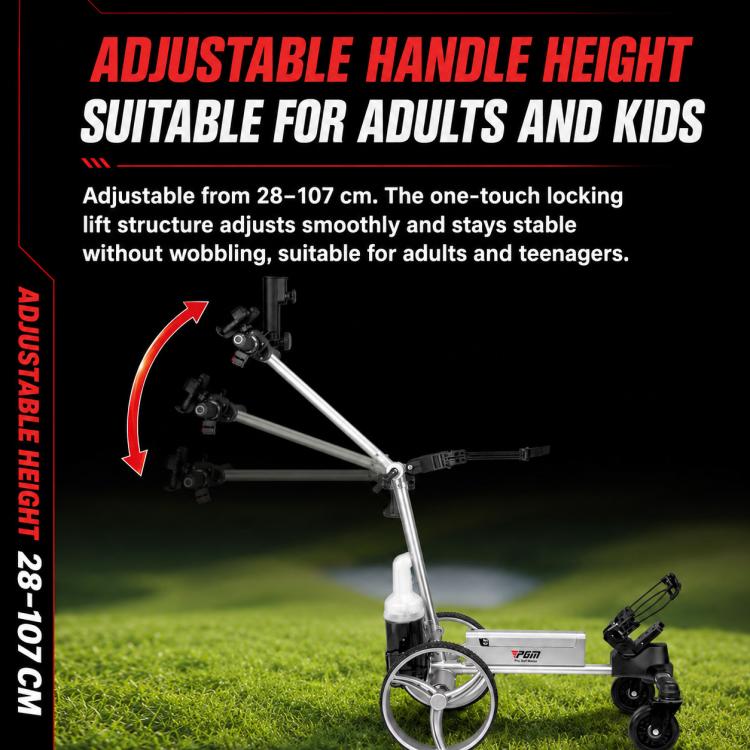 Electric golf push cart with adjustable-height handle and foldable frame.