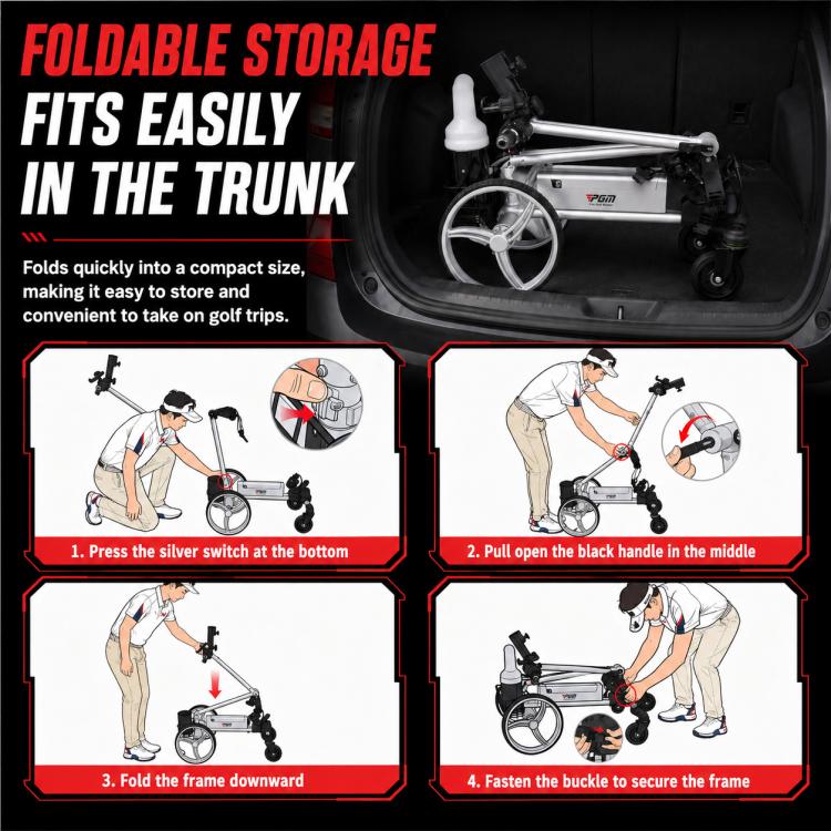 Foldable storage design for electric golf push cart, compacted for trunk storage.