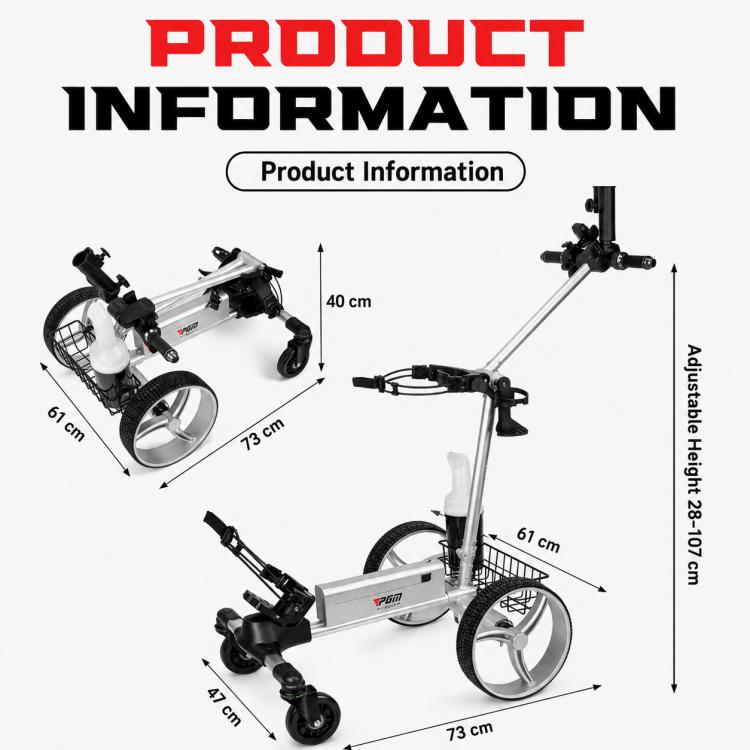Electric golf push cart product size diagram with front, side, and folded views.