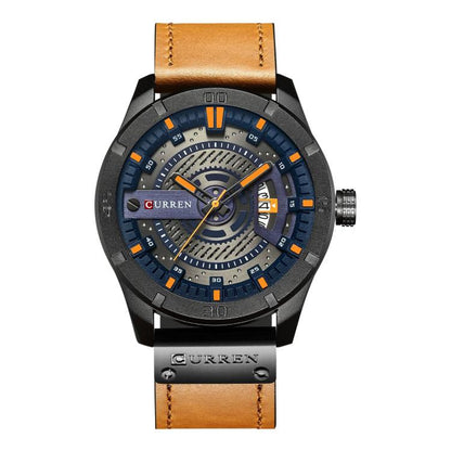 Men's leather analog watch with orange strap, black case, blue dial, and date display