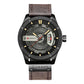 Men's leather analog watch with dark brown strap, black case, gray dial, and date display