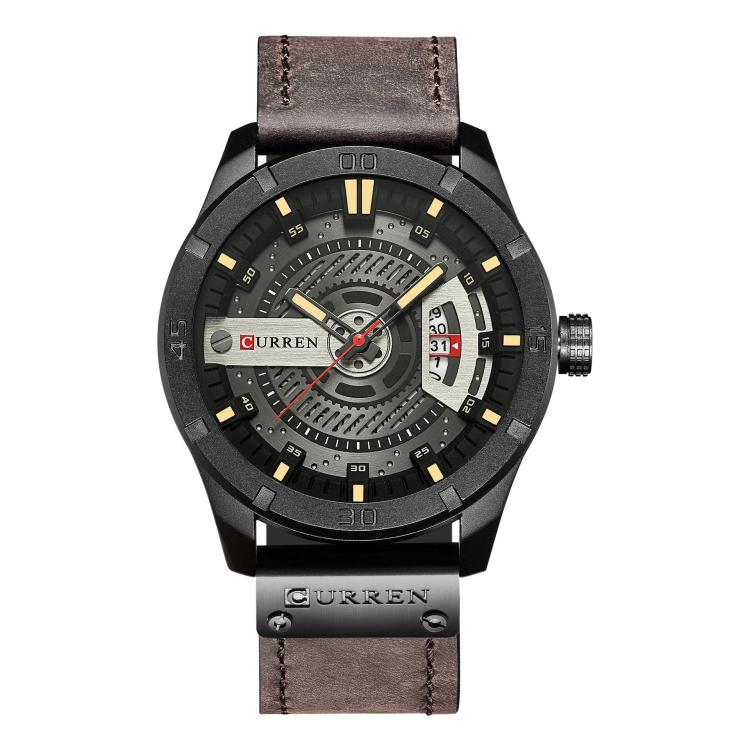 Men's leather analog watch with dark brown strap, black case, gray dial, and date display